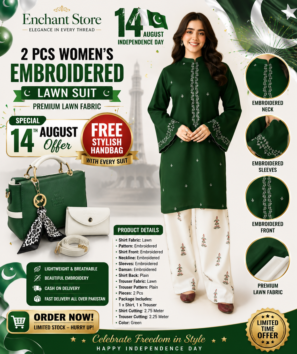 14 August Offer | 2 Pcs Women's Unstitched Embroidered Lawn Suit + FREE Stylish Handbag