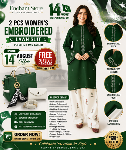 14 August Offer | 2 Pcs Women's Unstitched Embroidered Lawn Suit + FREE Stylish Handbag